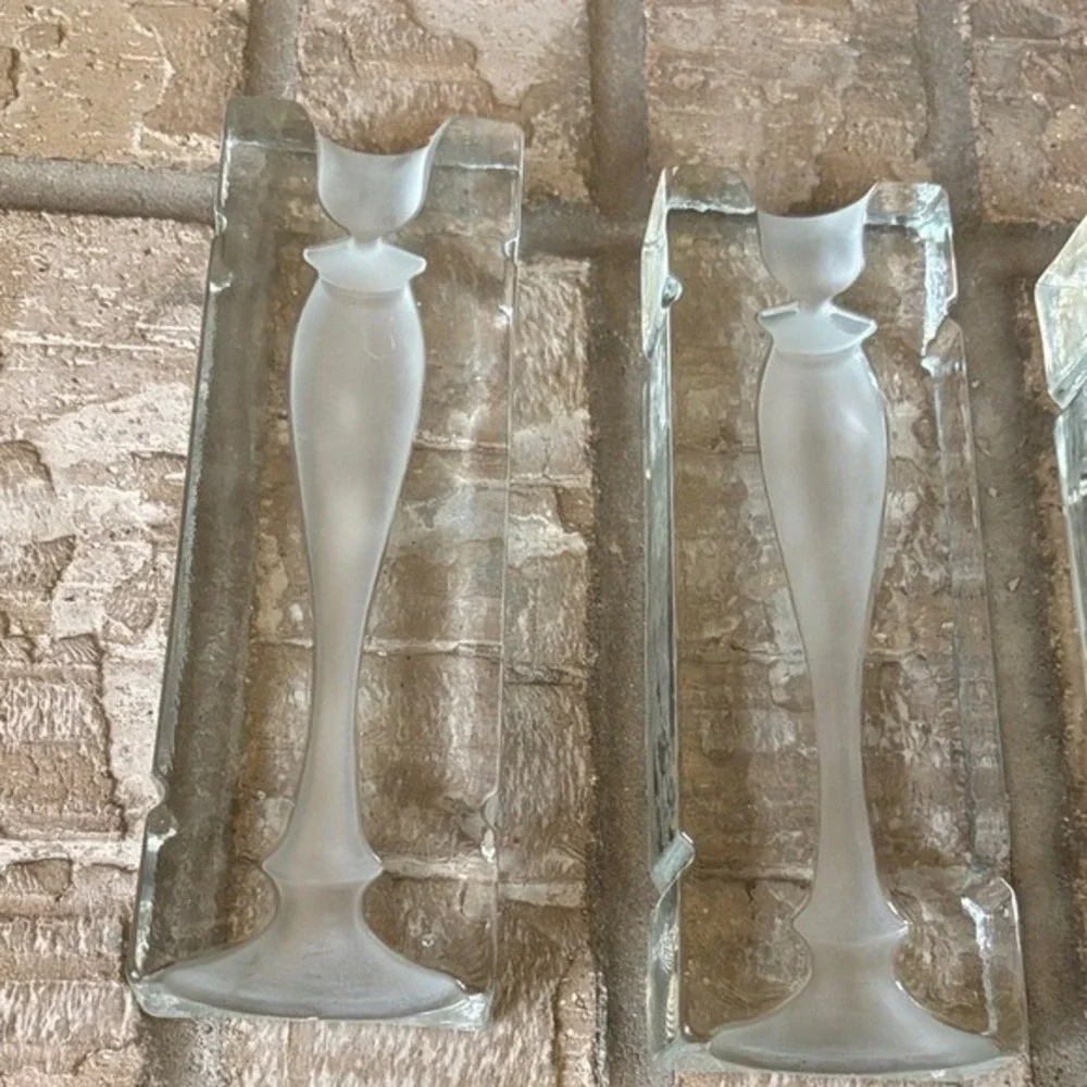 Vintage Pair Heavy Glass Blocks w/ Frosted Candle Stick Mold Decor Bookends RARE